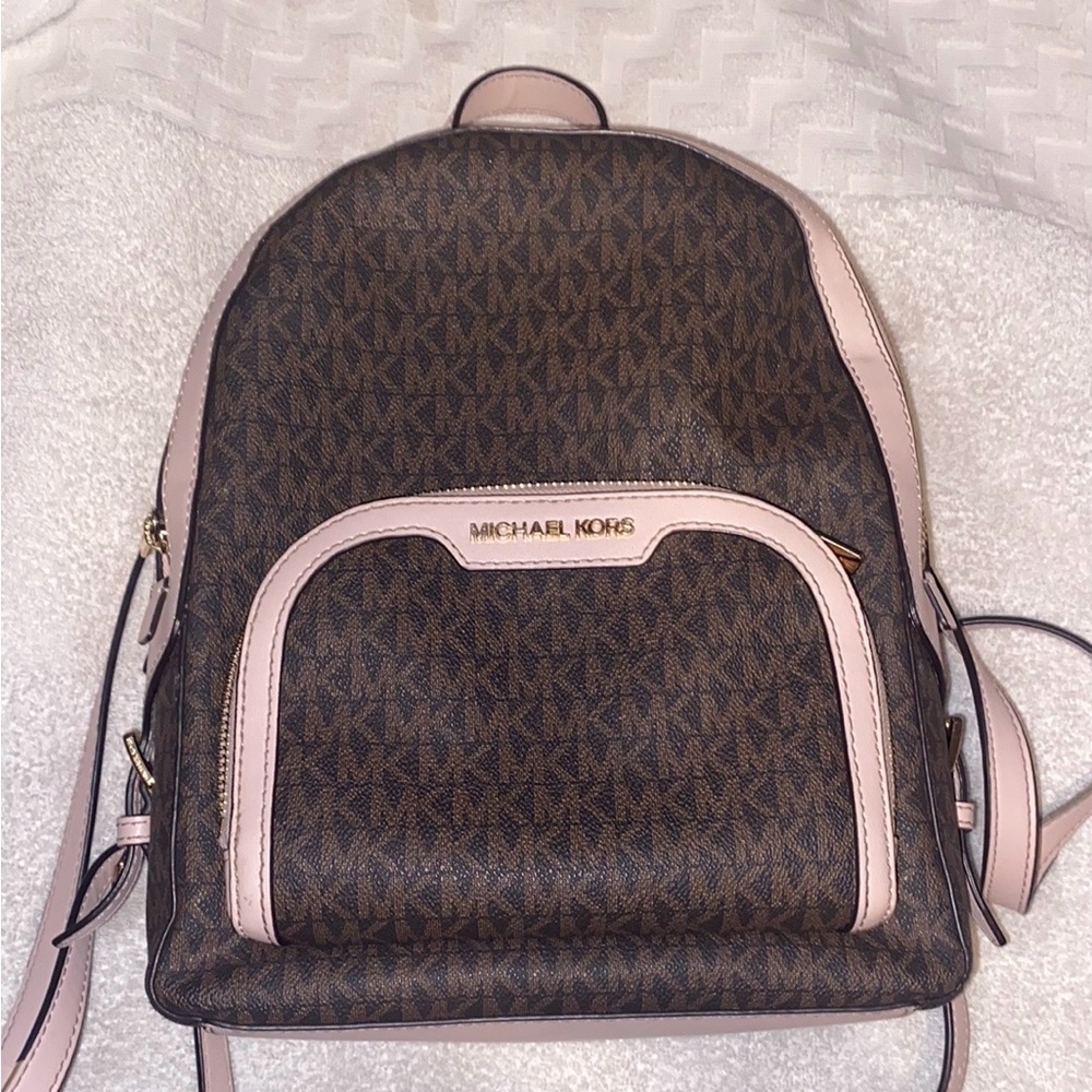 Michael Kors Signature Brown and Pink Backpack